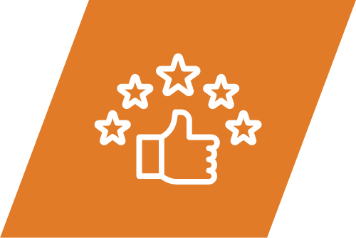 A white icon of a thumbs-up surrounded by five stars, representing customer satisfaction.