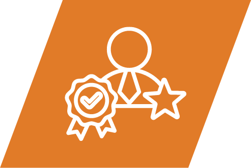 A white line drawing of a person with a tie, a check-mark badge, and a star, representing expertise and certification.