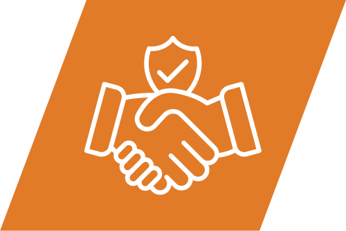 An orange graphic with a white handshake icon and a shield with a checkmark, symbolizing trust and reliability in service.